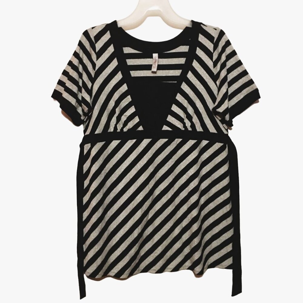 Women's GITANO Top BLACK METALLIC SILVER Stripes w/Ties SZ 18-20
